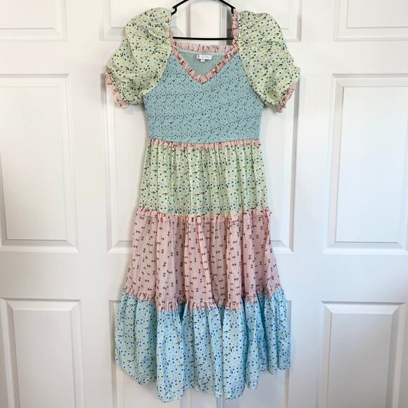 Ivy City Co Emily Patchwork Smocked Shirred Puff Sleeve Tiered Midi Dress Large - Picture 5 of 8